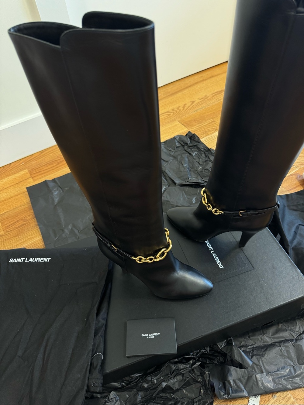 NEW Saint Laurent YSL Le Maillon 100mm Black Leather Knee High Boots Gold Chain